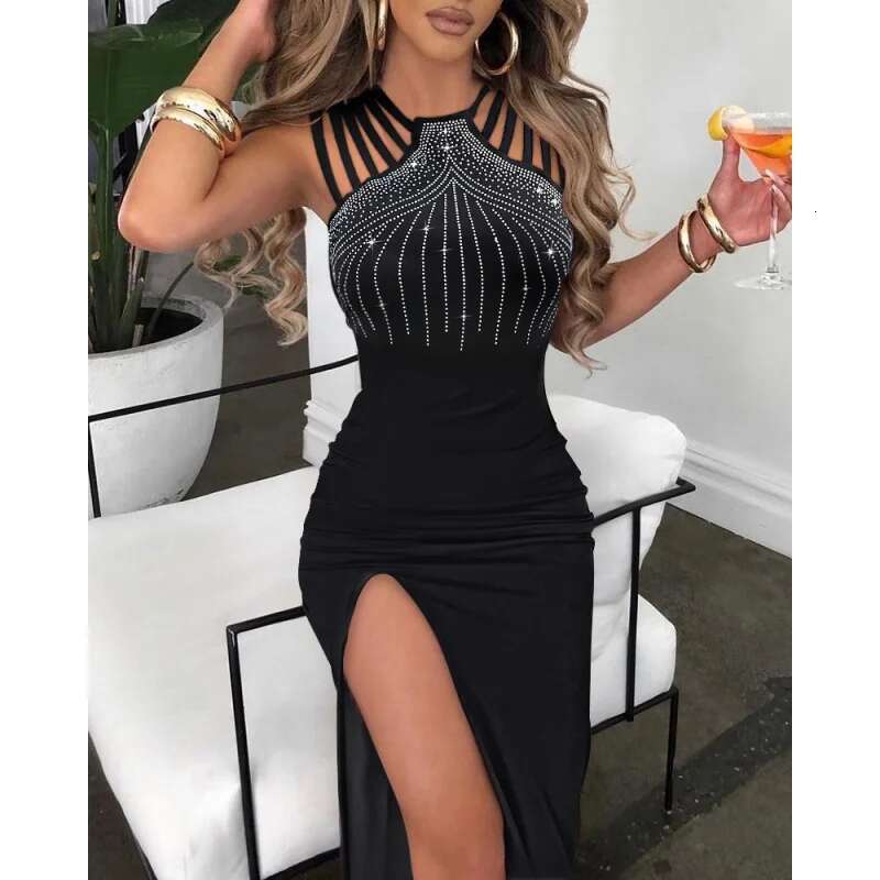 Dongdumaoyi Elegante Bodycon Avondjurk Met Kristallen Verfraaide Split Nachtclub En Banketjurk Voor Dames A