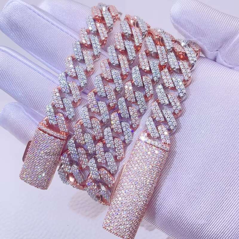 Men Fashion 13mm Rose Gold 2 Tone Vvs Moissanite Diamond Iced Out Chain Hip Hop