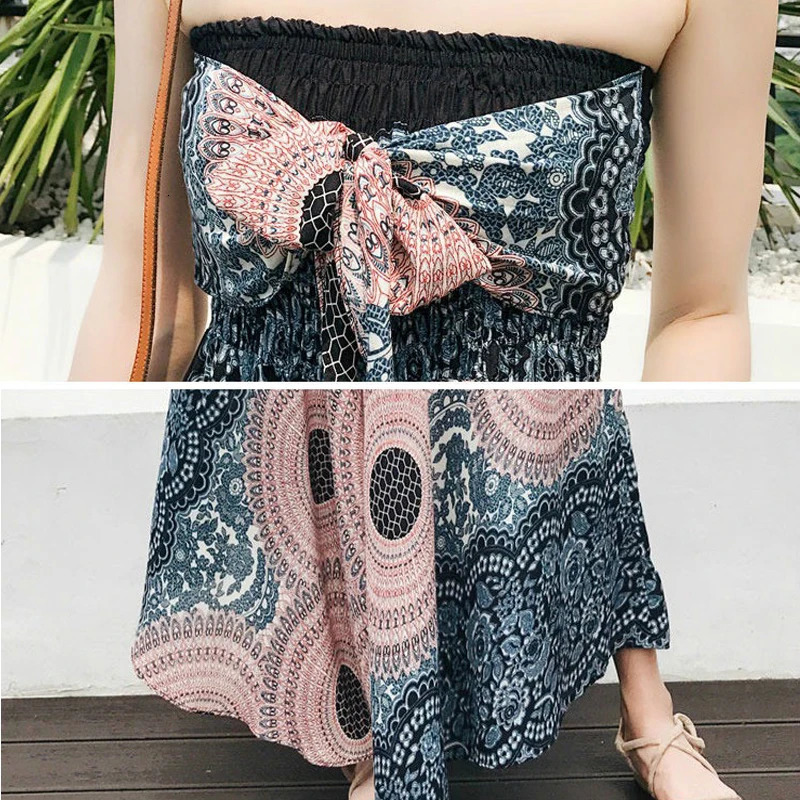 Boho Skirts Rayon Beach Skirt Summer Bohemian Jupe Long Womens Elastic Waist Printed Flower Belt Halter Hippie 250326