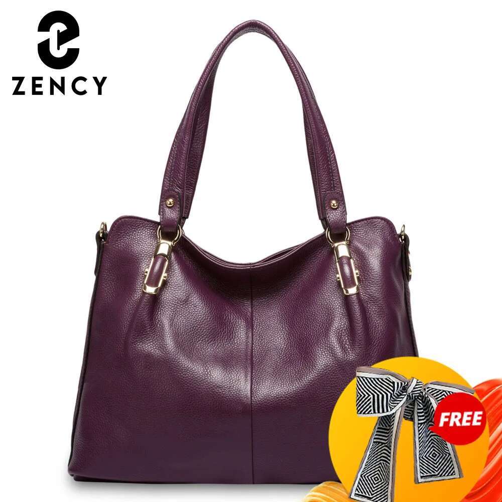 Zency 100% Genuine Leather Handbag Purple Women Shoulder Bag Fashion Tote Hobos Purse Charm Lady Crossbody Messenger Bags