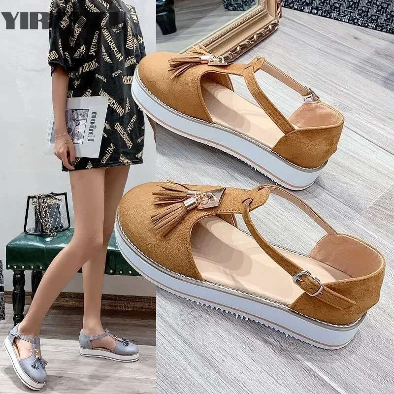 Women's Summer Casual Flat Heel Tassel Buckle Strap Female Sandals Platform Vulcanized Shoes for Women New