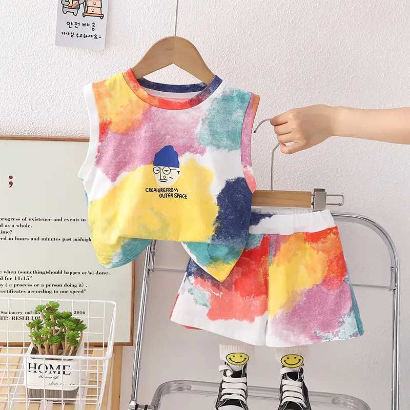 Summer childrens boys girls cotton clothing fully printed colored vest toddler clothing baby tracksuit baby casual suitT250327