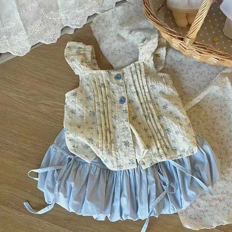 Girls Summer Clothing Set 2025 New Childrens Fashion Flower Printed Tank Top+Girls Shorts Baby Fashion Two Piece SetT250327