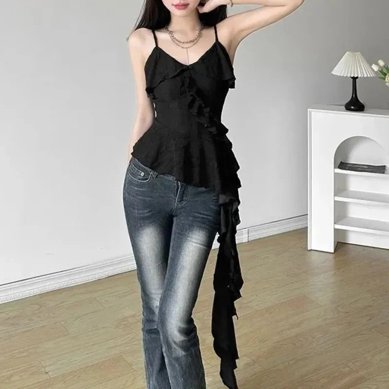 Spicy Girls Camisole VNeck Short Sleeve Top Sexy Womens Irregular Tshirt and Shirt Gothic Ruffle Tank 250326