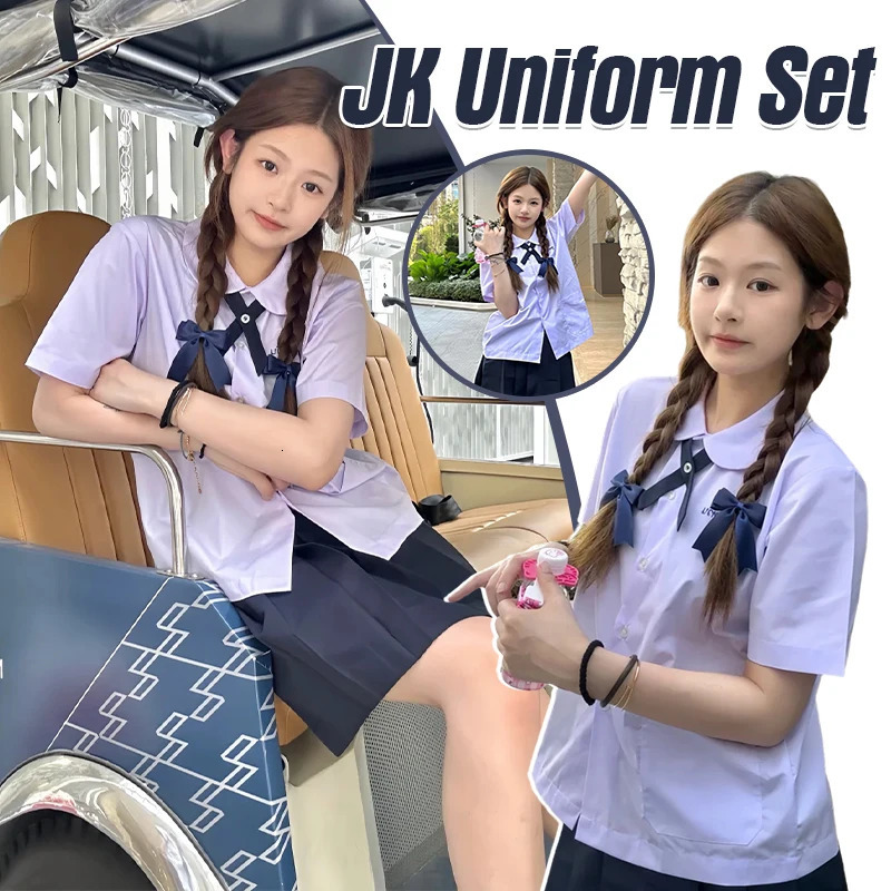 JK MensWomens Uniform Thai Style School Short Sleeve White ShirtLight Purple Shirt Preparatory Folded Ski BeltTie 250326