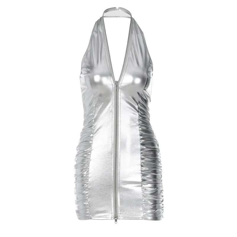 Dongdumaoyi Lente Nieuwe PU Effen Kleur Sexy Halter Rits Slim Fit Korte Damesjurk