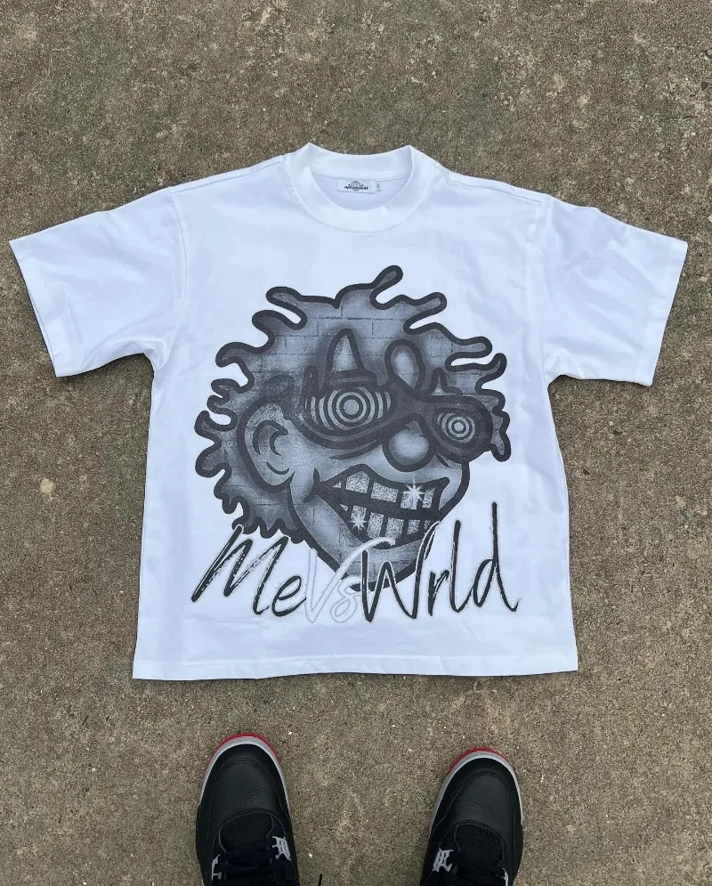 American trend retro oversized cartoon printed Tshirt womens Y2K cotton round neck short sleeved Harajuku Gothic loose top 250326
