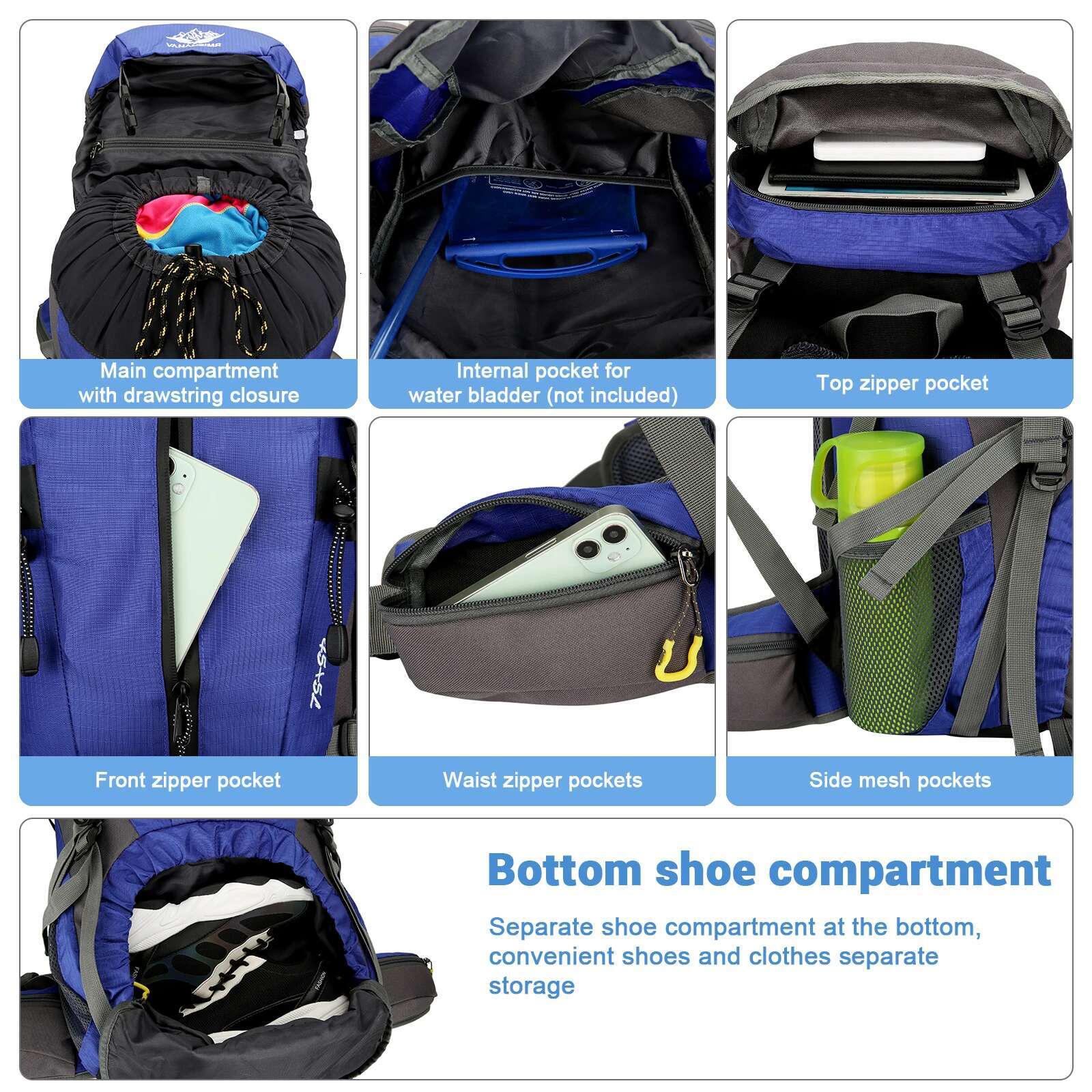 50L Hiking Waterproof Camping Backpack Rain Cover Travel Day Pack W Shoe Compartment For Outdoor Backpacking Climbing