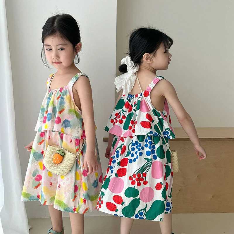Childrens suspender backless dress 1-9 years fruit print sisters suit summer dress W250326
