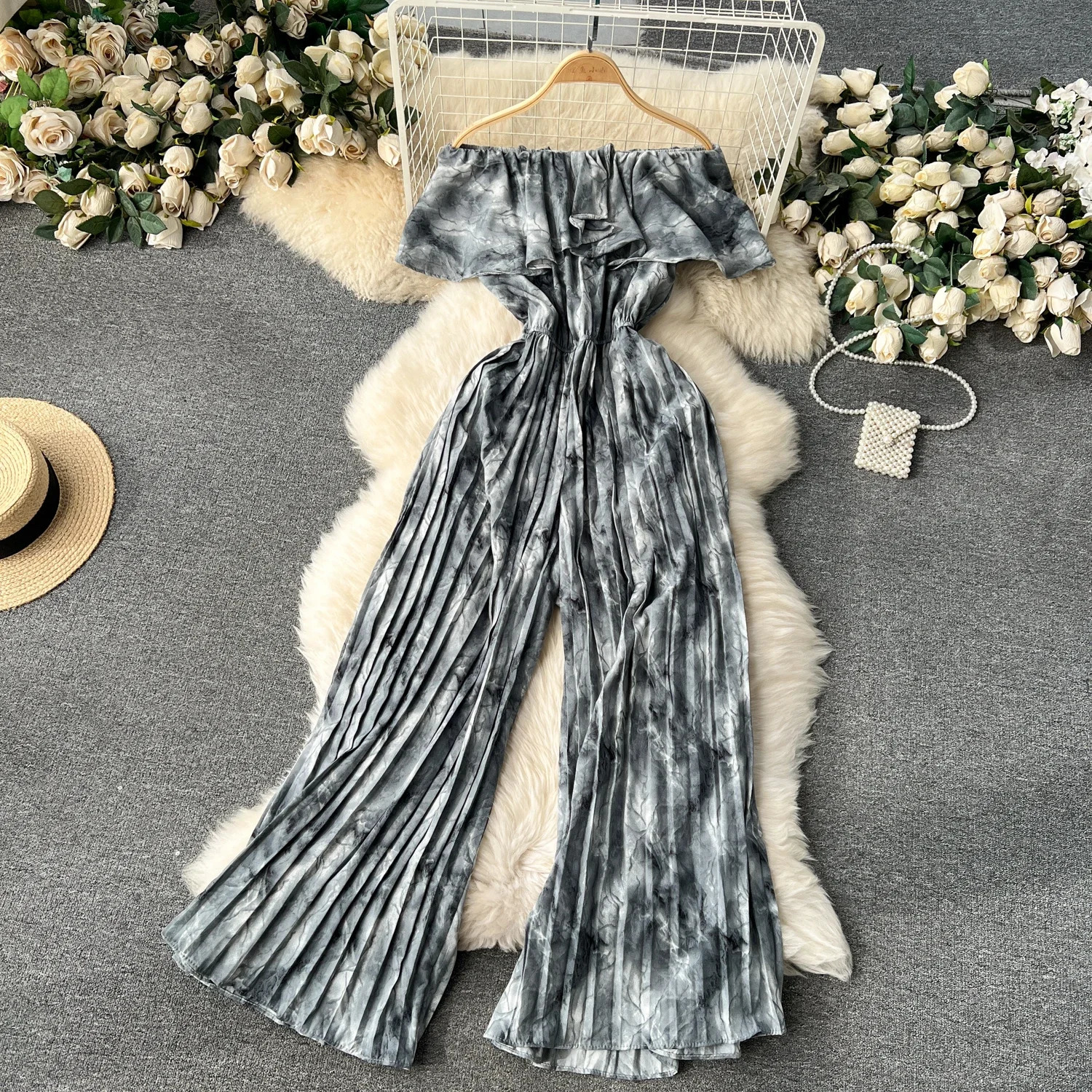 Womens jumpsuit summer casual dyed shoulder pleated lace waistband wide leg holiday loose 250326