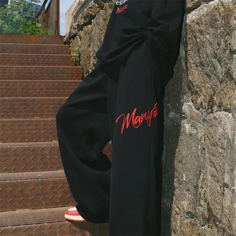American Fashion Letter Hip Hop Wide Leg Pants Mens Y2K Street Clothing Bag Straight Hombre Gym Sports 250327