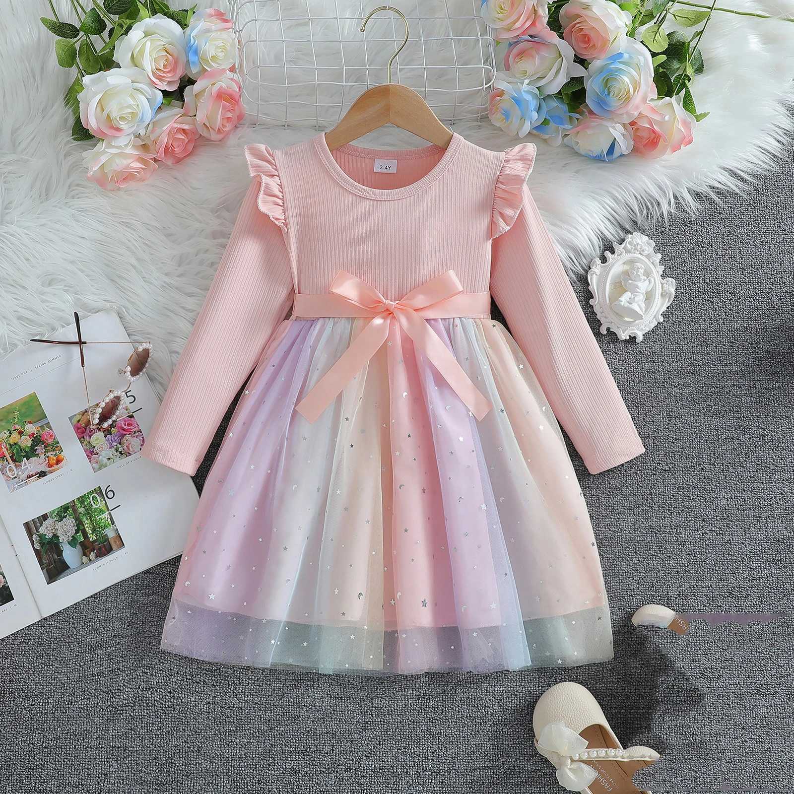 Girl Dress Blue Autumn Princess Dress Childrens Clothing Birthday Par Dress Pink Sleeping Childrens Fashion Rainbow 1-6Y W250326