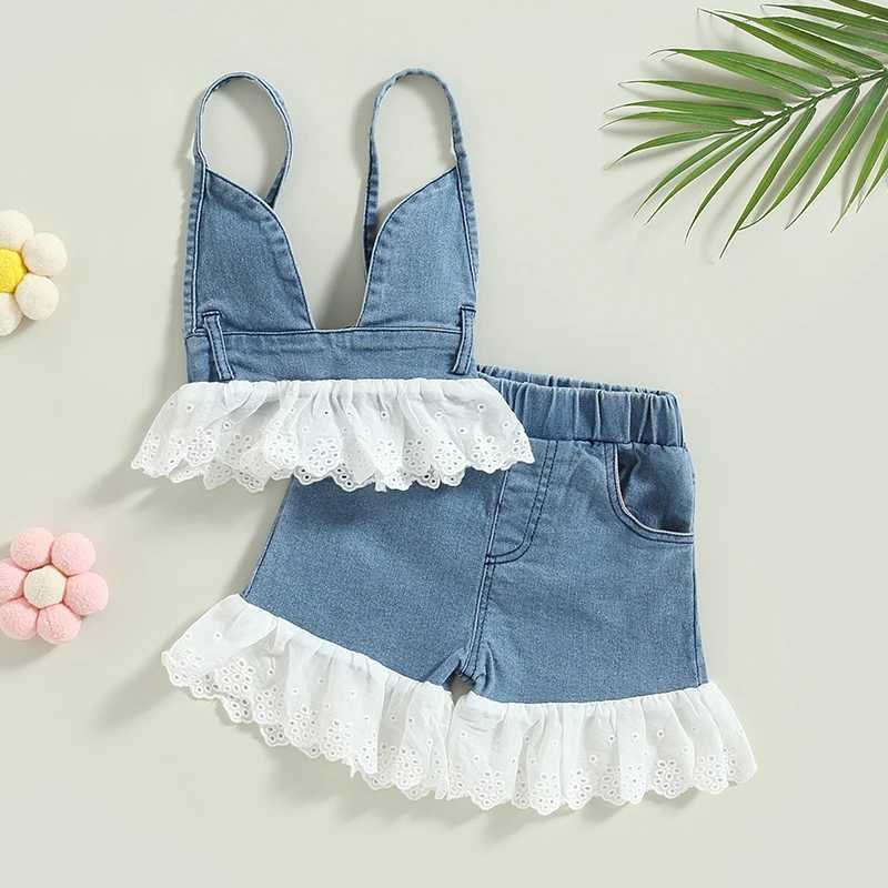 0-5Y baby girl summer clothing set 2023 new childrens sleeveless tie vest+lace decorative shorts childrens denim setT250327