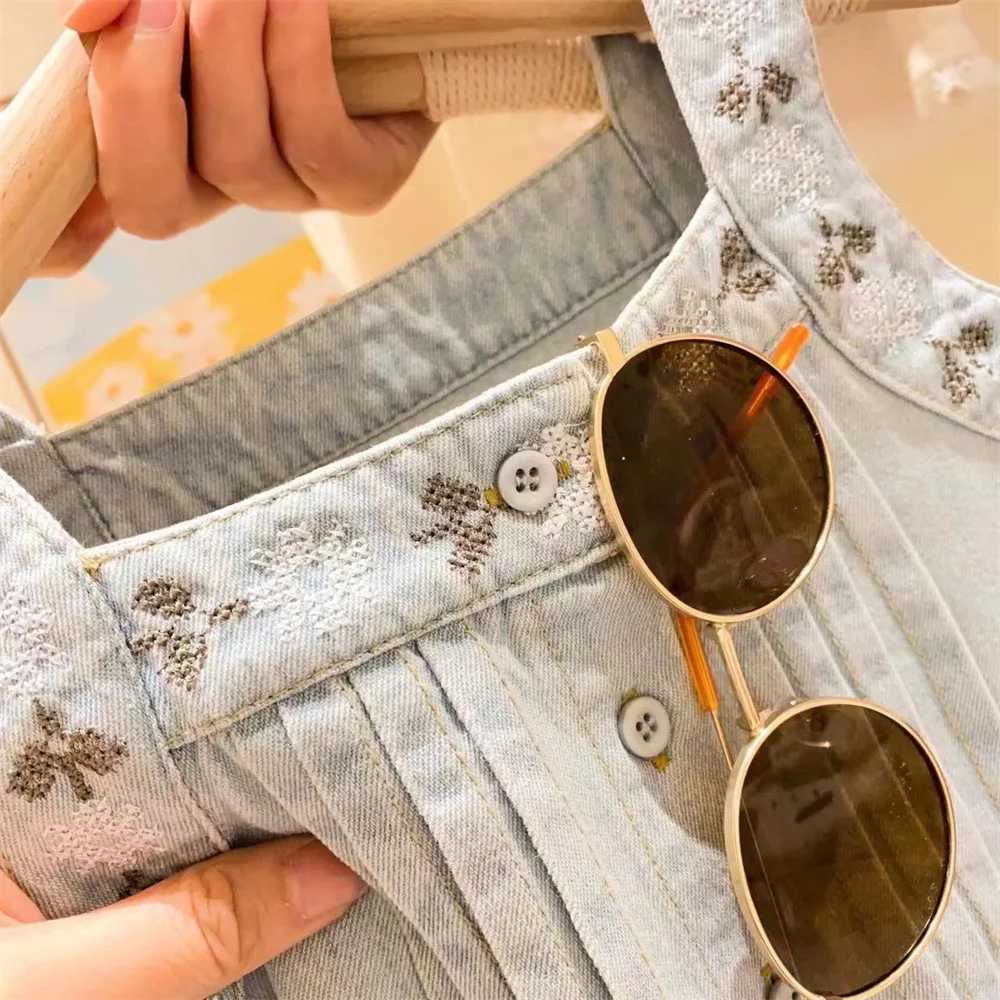 Summer new girls vest set childrens embryonic flower hanging jeans two-piece setT250327