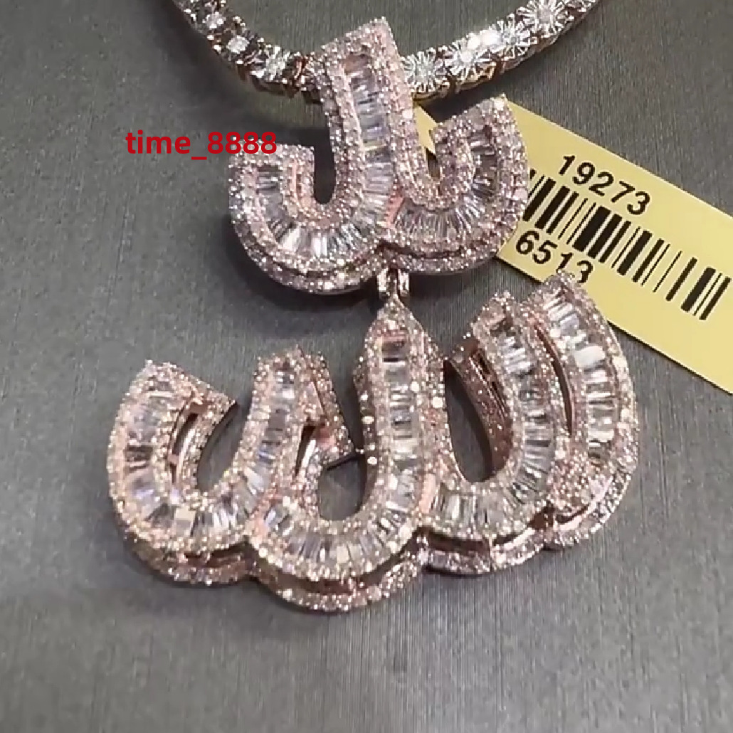 Custom Hiphop Allah Pendant VVS Baguette Rose Gold Plated 925 Sterling Silver Buss Down Moissanite Pendant