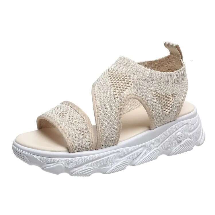 Womens Comfortable Knitted Platform Sandals Peep Toe Lace-Up Design - Versatile Casual Sgback Shoes for Sporty Style