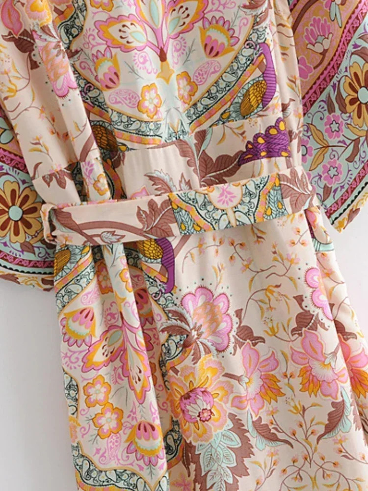 Bohemian Womens Peacock Printed Bat Sleeves Beach Kimono Robe Vneck Tassel Summer Happy Bikini Top 250326