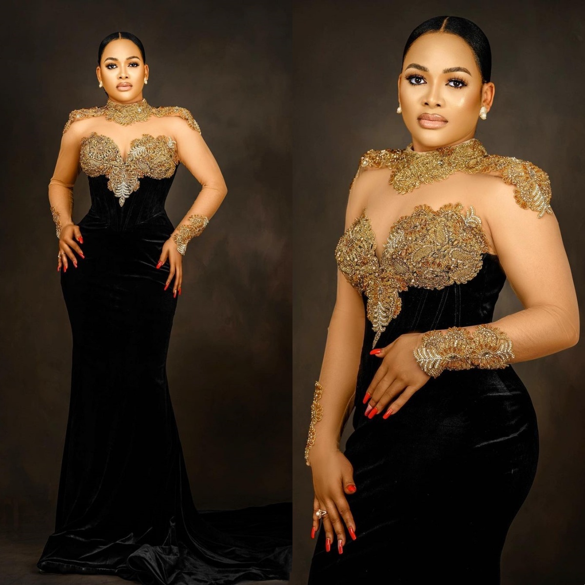 Sheath Mermaid Evening Dress Crystal Beading High Neck Long Sleeve Prom Gown Sexy Pleats Sweep Train Party Dresses Customized