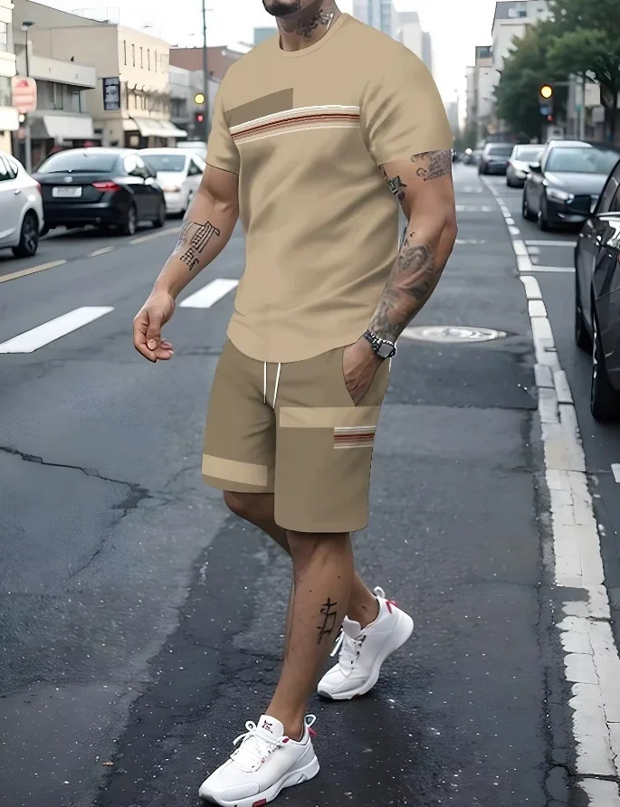 Summer mens sportswear fitness fashion running set casual Tshirtshorts breathable jogging 2piece striped 250326
