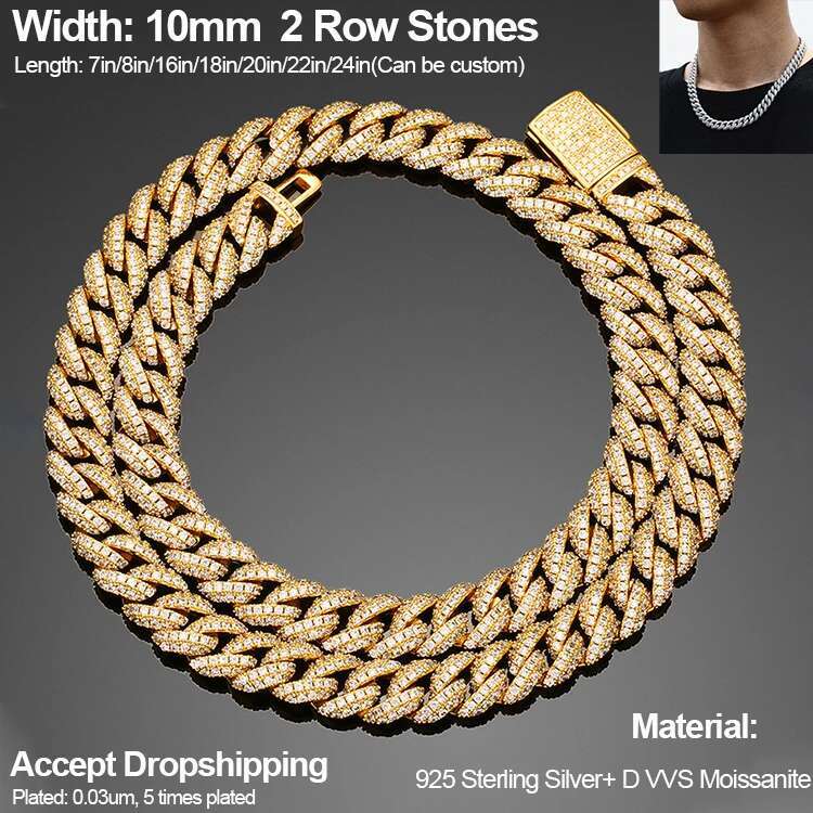 6-20mm S925 Silver Black/Silver/Gold Plated Color Full Miami Cuban Chain Moissanite Rope Rapper Necklace For Men Hip Hop Jewelry
