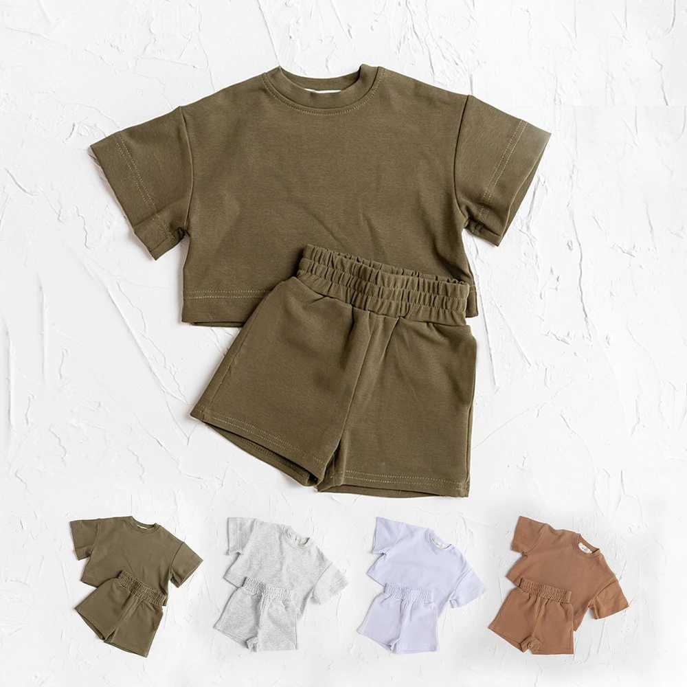 Preschool and childrens clothing fashion summer clothing set short sleeved solid color top short sleeved 2PCS casual childrens clothing setT250327