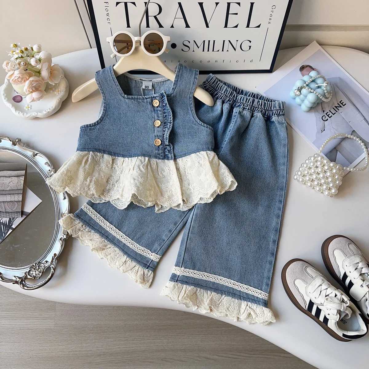Baby girl set fashion patchwork lace sleeveless denim vest and long pants cotton shirt 2025 spring new childrens 3-piece setT250327