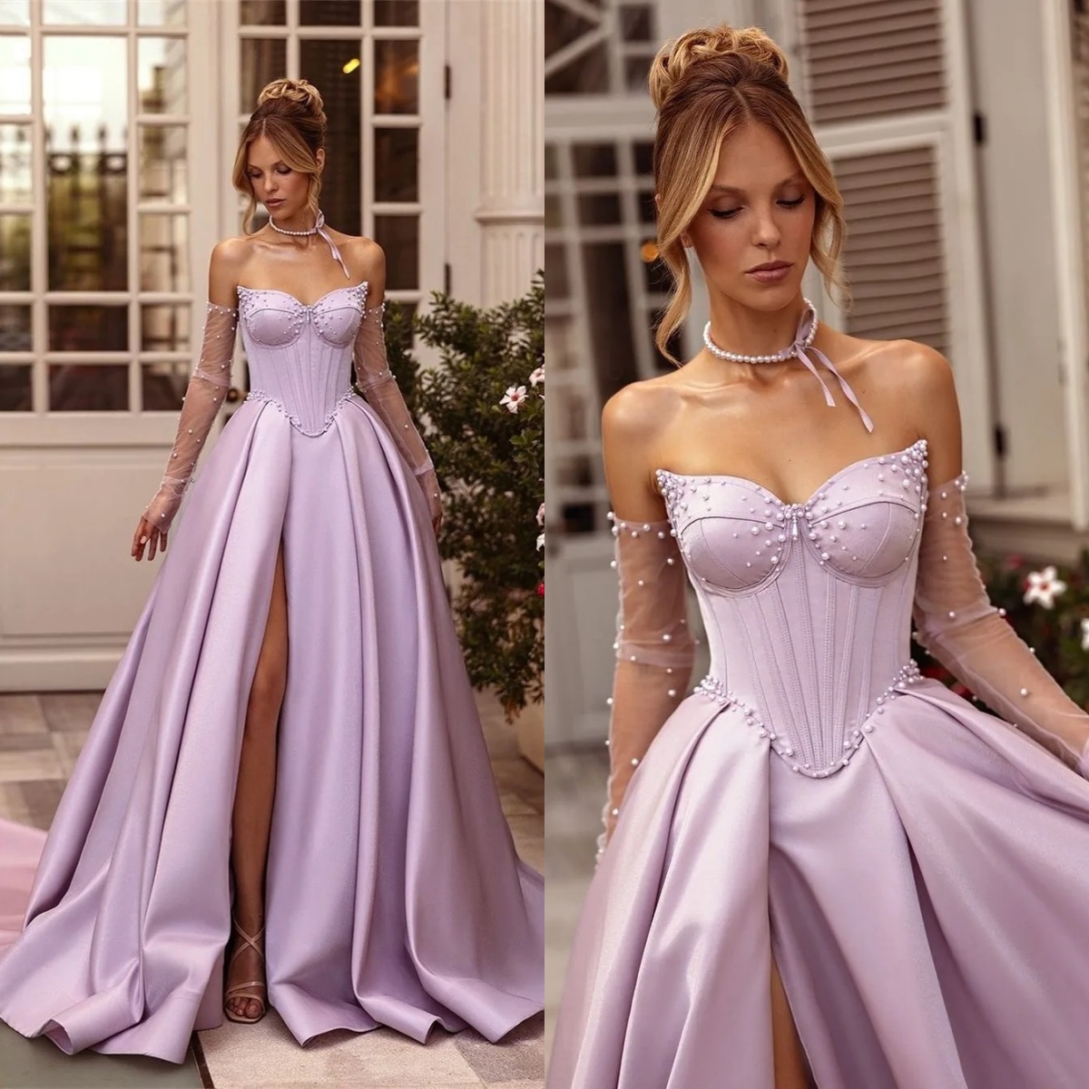 Elegant Evening Dresses Sweetheart Neck Sleeveless Bow Gown Beaded Split Side Sweep Train Party Customized Dress