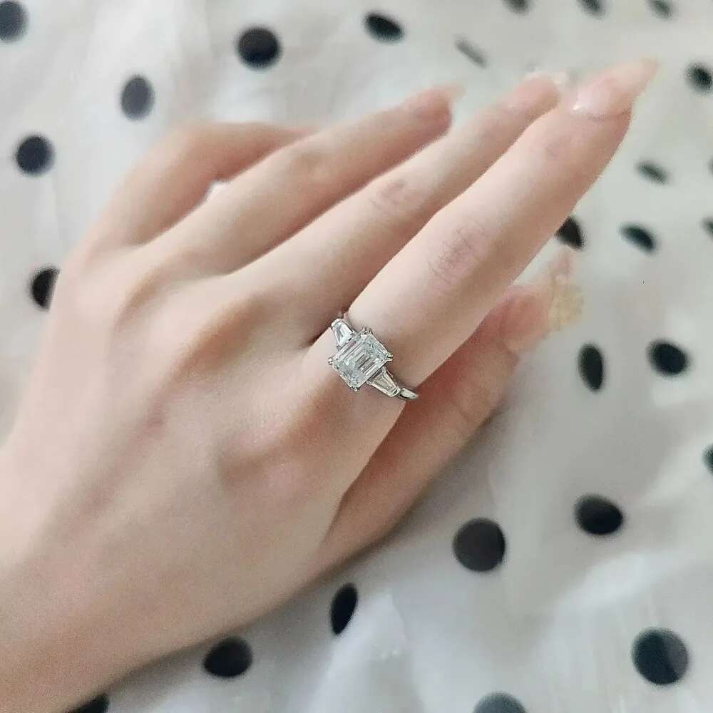 Certified 1-4ct Full Moissanite Ring for Women Trapezoid Emerald Cut Diamond Engagement Wedding Band 925 Sterling Silver Jewelry