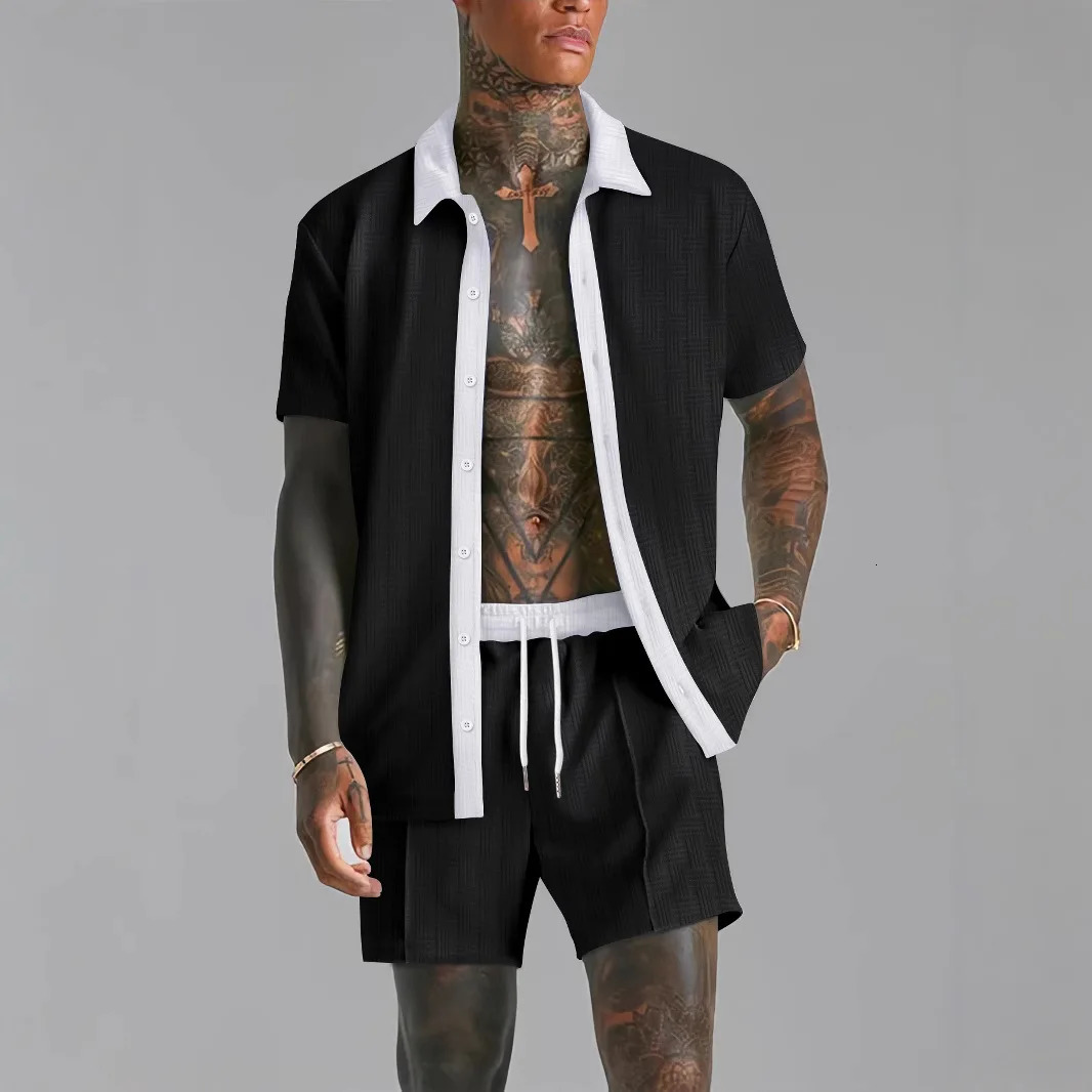 Summer mens casual suit patch work transparent lapel short sleeved shirt and shorts fashionable comfortable twopiece street TWear 250326