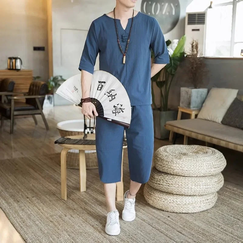 Mens Thin Linen Summer Set China Loose Cotton 2pieceShort Sleeve 2piece 250326