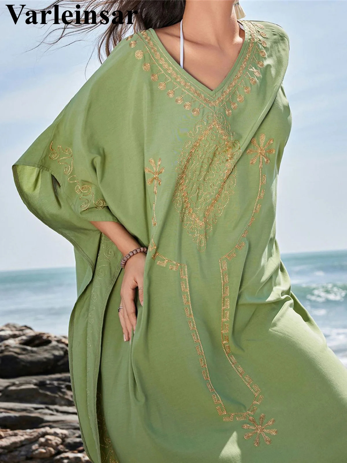 Vneck printed short sleeved crochet knitted tuned beach cover beach dress beach wear for women V6230 250324