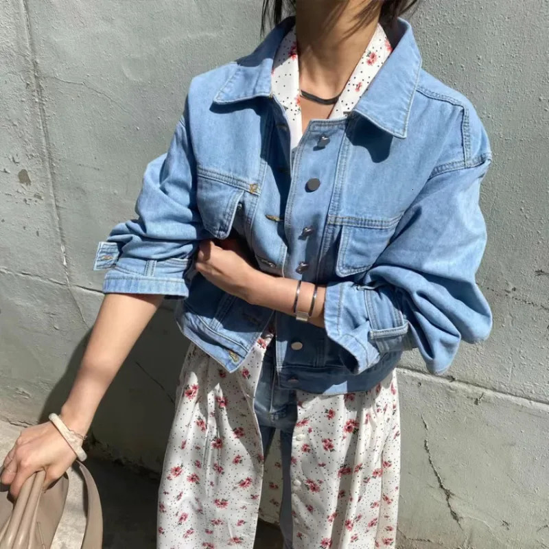 Neploe Retro Collar Single Chest Denim Coat Spring Autumn Laundry Blue Jacket Womens Y2k Long Sleeve Loose Top Unprinted Good Product 250326