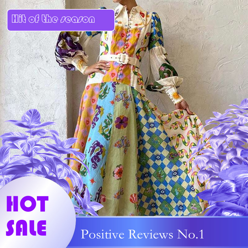 Dongdumaoyi Dames Lantaarnmouwen Print Kraag Taille Kalkende Lange Mouwen Flare Lentejurk C