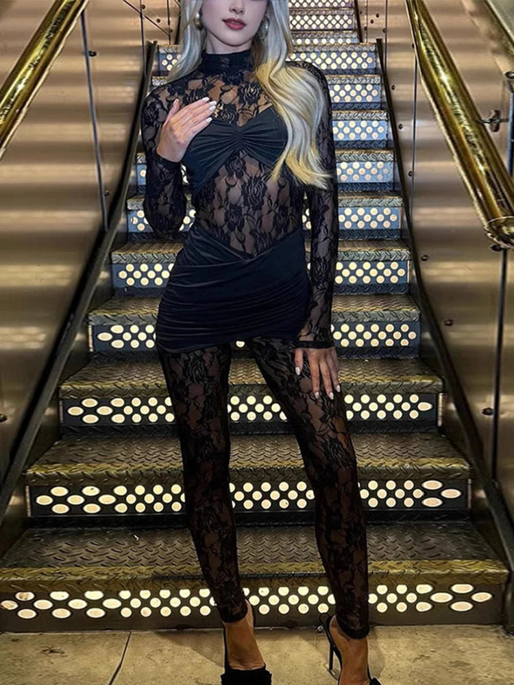 Sexy lace hollow outer jumpsuit womens turtle neck full sleeve slim fit hip bag springsummer fashionable set 250326