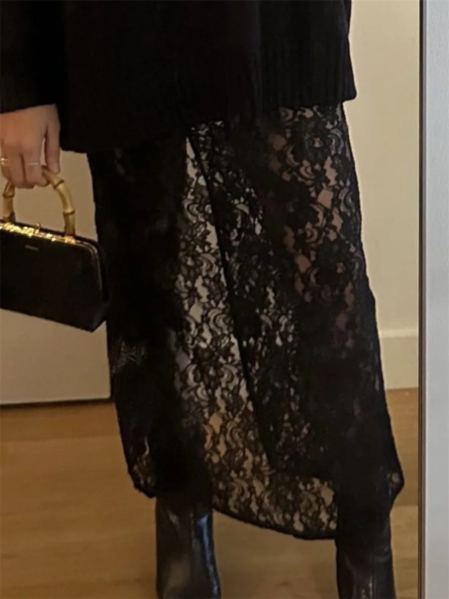 Women Lace Patchwork Long Skirts Vintage High Waist Solid Color See-Through Maxi Skirts Slim Skirts Elegant Temperament Skirts 250317