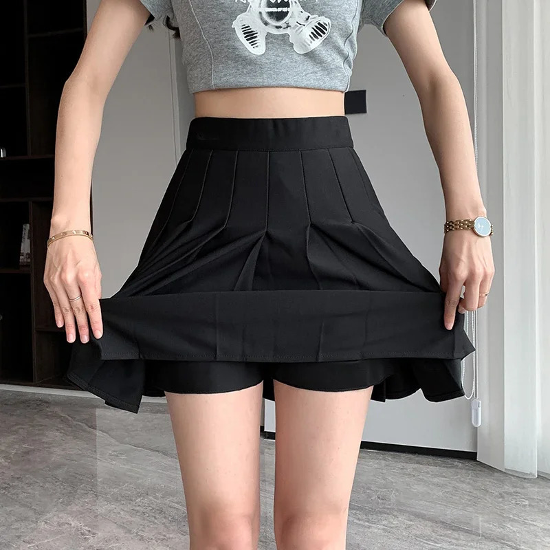 Rimocy Korean Elastic High Waist Folded Leather Womens Black Grey Short Line ALine Summer Jk Uniform Mini Skirt 250326