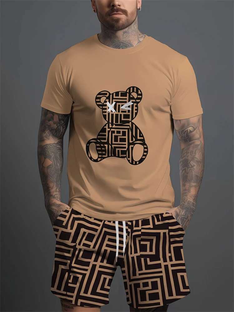2025 Summer Casual Short Sleeve Trend Breathable Sportswear Loose Quick Drying Mens Short Sleeve Hip Hop Bear Pattern Printed SetXJ250326