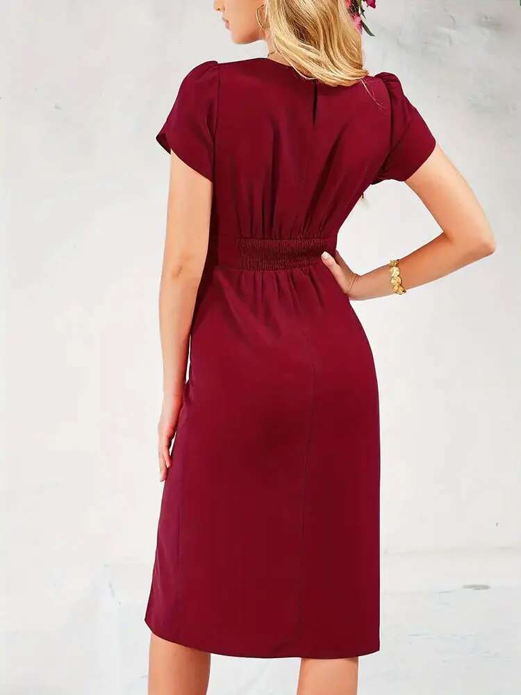 Dongdumaoyi Zomer Nieuwe Elastische Taille Split Geplooide Jurk Elegante Ronde Hals Kantoor Bodycon Rok Stijl A