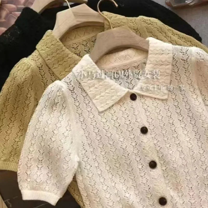 Summer French Lazy Style Hollow Polo Shirt for Women Elegant and Fashionable Knitted with Loose Solid Short Sleeve Top 250327