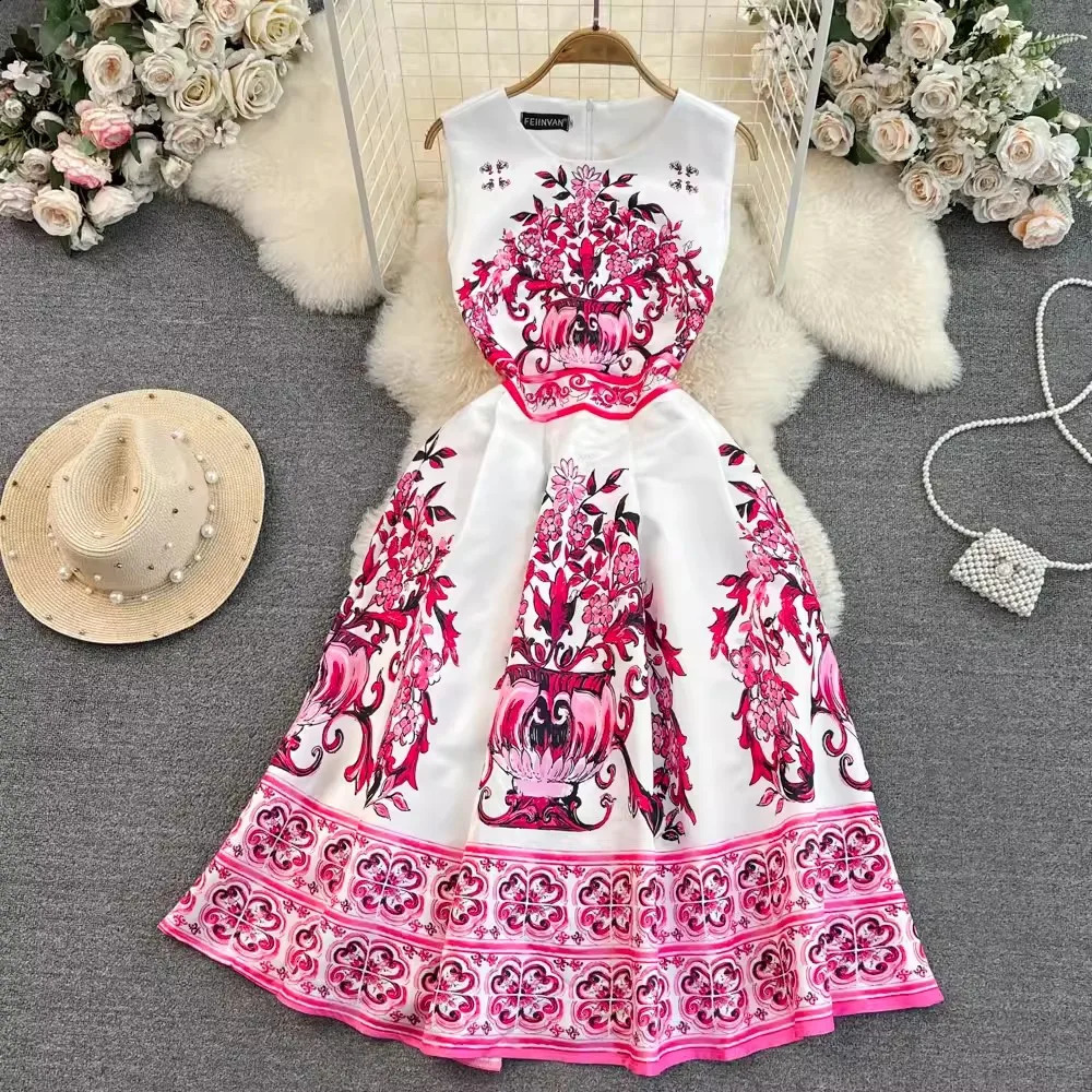 Summer Vintage Blue And White Porcelain Dresses Womens Sleeveless O Neck Tank Flower Print Vest Midi Long Party Vestidos 250327