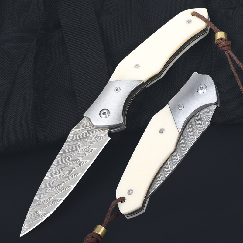 M5032 Damascus Folding Knife Damascus Steel Blade Bone with Steel Handle Outdoor Camping Hiking Fishing EDC Pocket Folder Knives