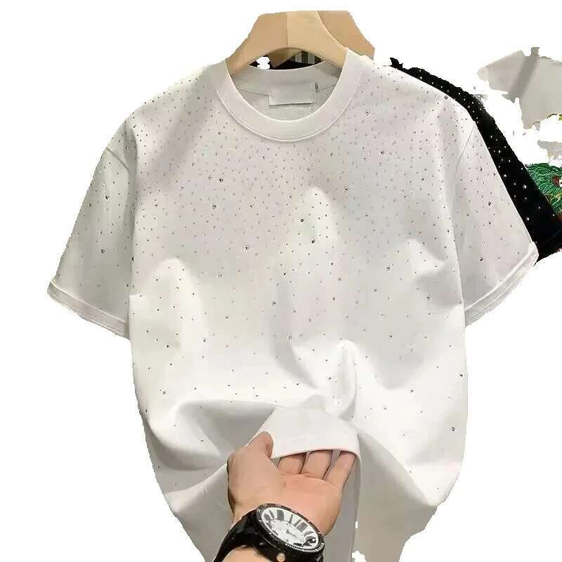 Summer summer clothing, Rhinestone rivet round neck T-shirt, casual style Korean version men's short sleeved T-shirt