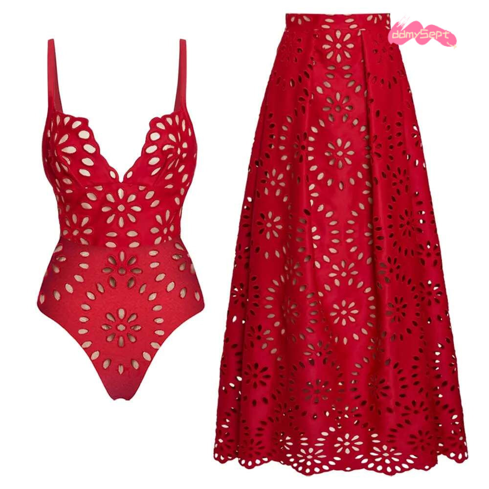 FLAXMAKER wer Hollow One Piece Swimsuit and Skirt Women Beachwear Bathing Suit ddmySept