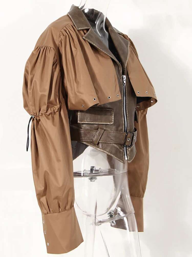 hoodie New Autumn And Winter Fashion Women Clothes Turn-Down Collar Full Sleeves Spliced PU Leather Patchwork Jacket jacket