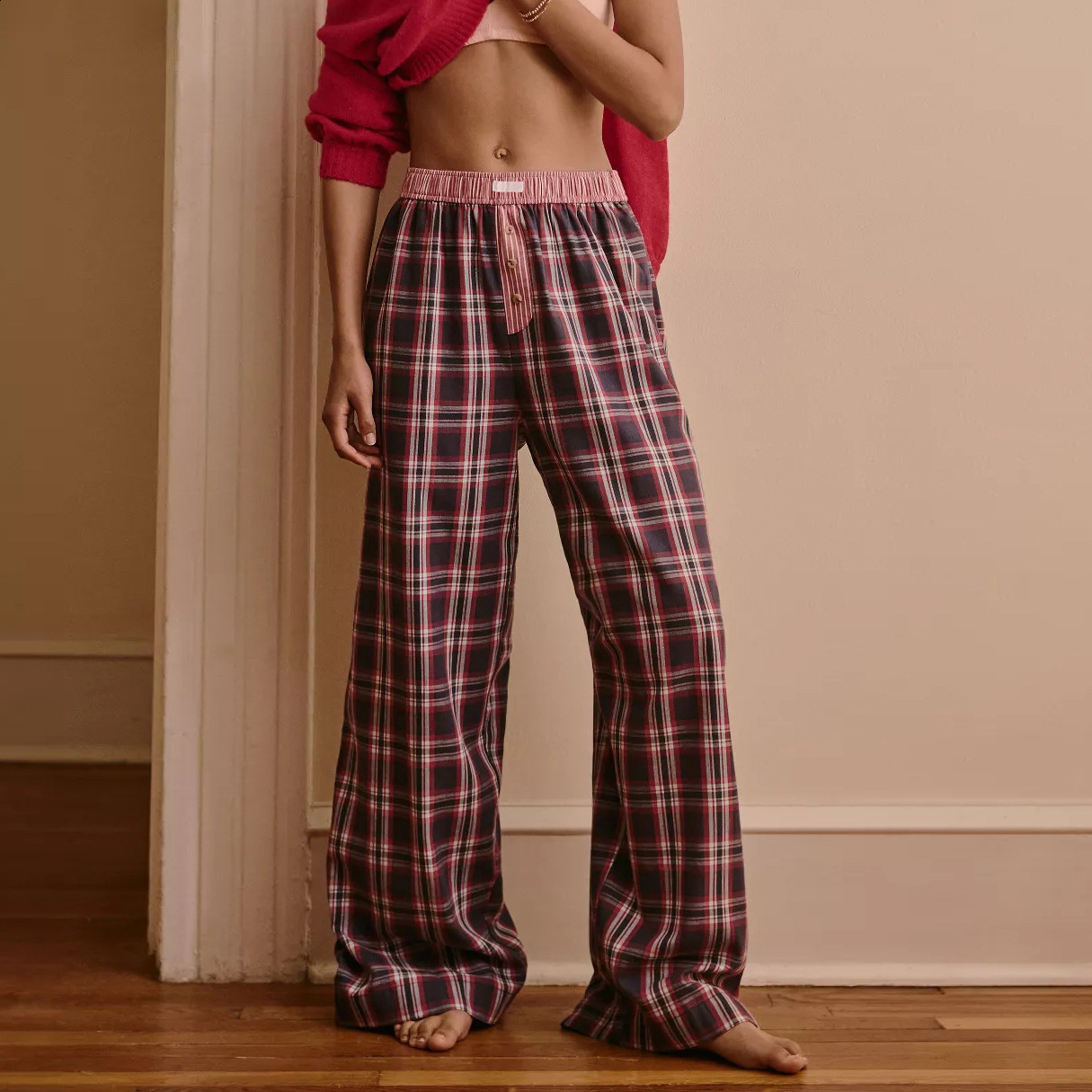 2025 Spring/Summer New Womens Casual Comfortable plaid Pants Straight Leg Wide Leg Pants for Women 250108