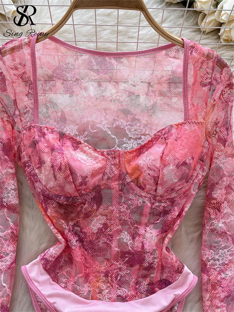 SINGREINY Sexy Sheer Mesh Rompers Summer Long Sleeves Corset Skinny Floral Jumpsuits Fashion Streetwear Women Bodysuits 250328
