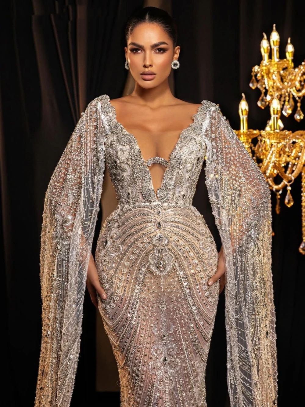 Luxury V Neck Wedding Dresses Beading Pearls Bridal Gowns Sequins Crystal Illusion Mermaid Customized Princess Backless Bride Dress Vestidos De Novia