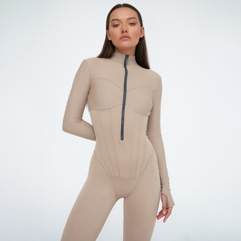 Sibybo Basic Solid Color Long Sleeve Skinny Jumpsuits Sexy Deep V Zipper Slim Leggings Fashion Autumn And Winter Women Clothes 241105