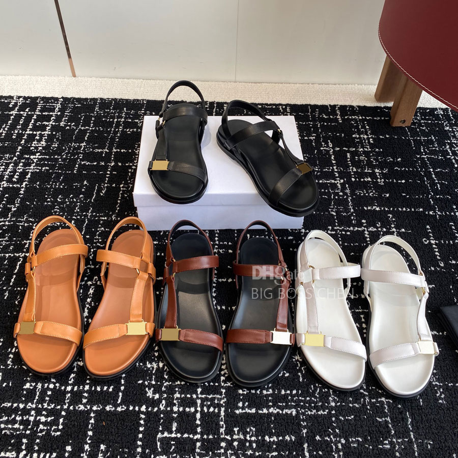 High quality retro Brown Casual metal BuckleFlat sandal slides for women Buckle Strap Flat heel dress shoes Luxury designer sandals Vacation shoes Factory footwear