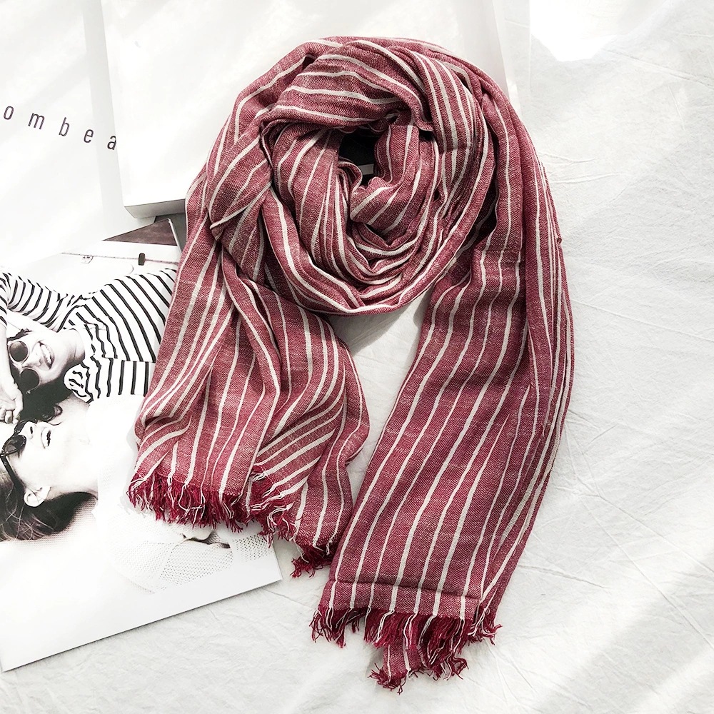 K245 Autumn and winter striped cotton and linen scarf for women classic casual silk scarf for men new pleated literary retro